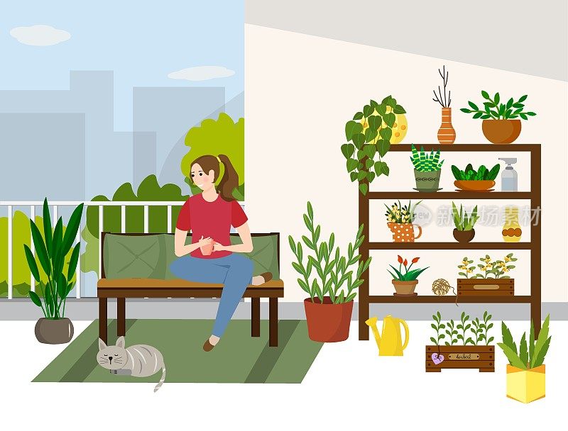 那个女孩正坐在阳台上。家庭花园内部-花，植物和一只猫。在家里的露台放松。矢量插图。