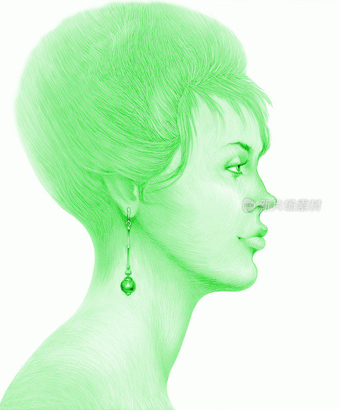 插图铅笔绘制肖像侧面的一个女人长头发光滑的发型珍珠耳环在白色的背景