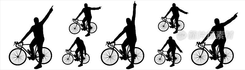 骑自行车的那个人。运动员一手握住自行车的车把，另一只手在不同的方向上指示方向。七个黑人男性的剪影被隔离在白色上