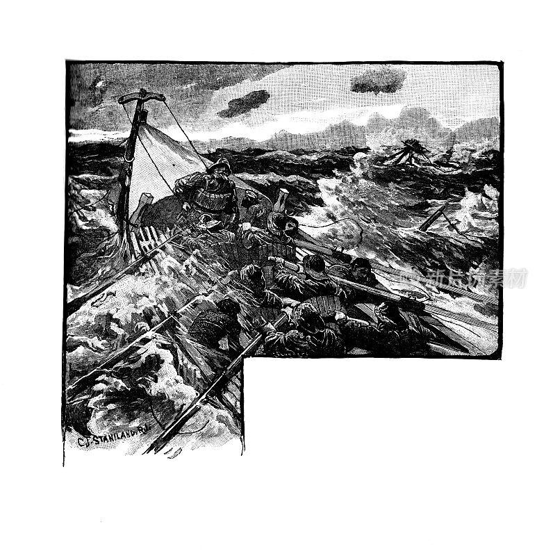 《救生艇之书》1894年，船上的人在波涛汹涌的大海中划船，驶向一艘危险的船