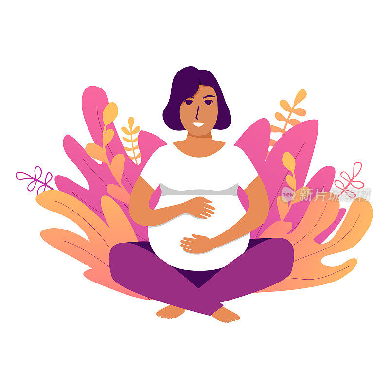 孕妇做瑜伽。瑜伽人物冥想的概念。莲花的女孩。