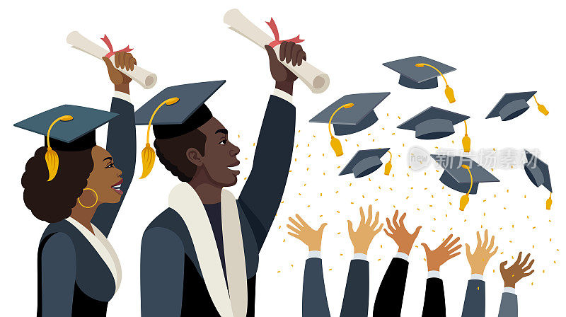 年轻的非裔美国男女在毕业典礼上。学生们把毕业帽抛向空中。