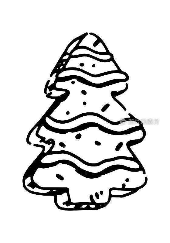 姜饼树饼干的草图。涂鸦的圣诞甜蜜自制面包店。手绘矢量插图。单个剪辑艺术孤立的白色。