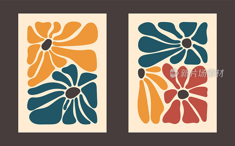 复古花卉礼品卡模板集。复古的花朵力量背景。嬉皮的70年代花卉海报。20世纪60年代怀旧的时髦矢量插图。
