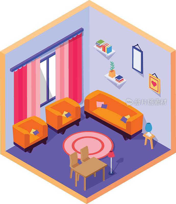 普通客厅配有沙发套概念，休息区矢量色等距图标设计，紧凑的生活空间符号，室内装饰标牌，低聚家庭办公房间库存插图