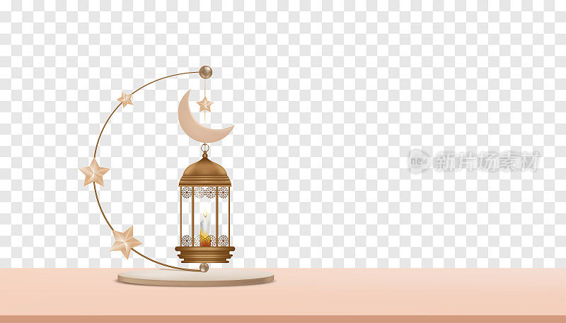 伊斯兰讲台与传统的3d灯笼新月，星星挂在透明的背景，矢量背景的宗教穆斯林象征，开斋节，斋月Kareem，古尔邦，穆巴拉克开斋节