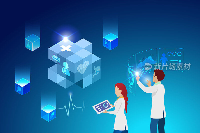 医学控制论概念。医生团队使用区块链中的医疗数据系统。人工智能在医疗保健业务中的未来服务。三维向量。