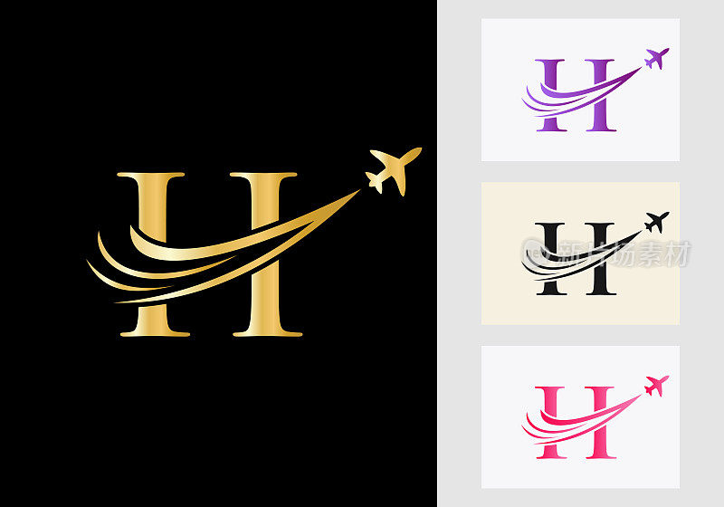 字母H旅行标志概念与飞行的飞机符号