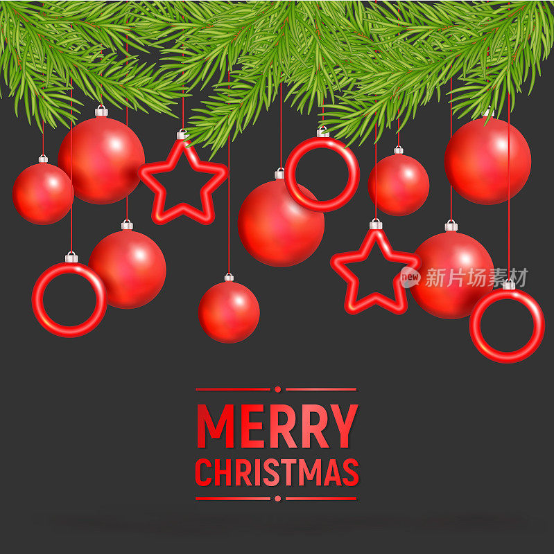 圣诞红球悬挂，白色背景上孤立的现实新年3d设计。喜庆的圣诞装饰品，挂着小玩意。向量