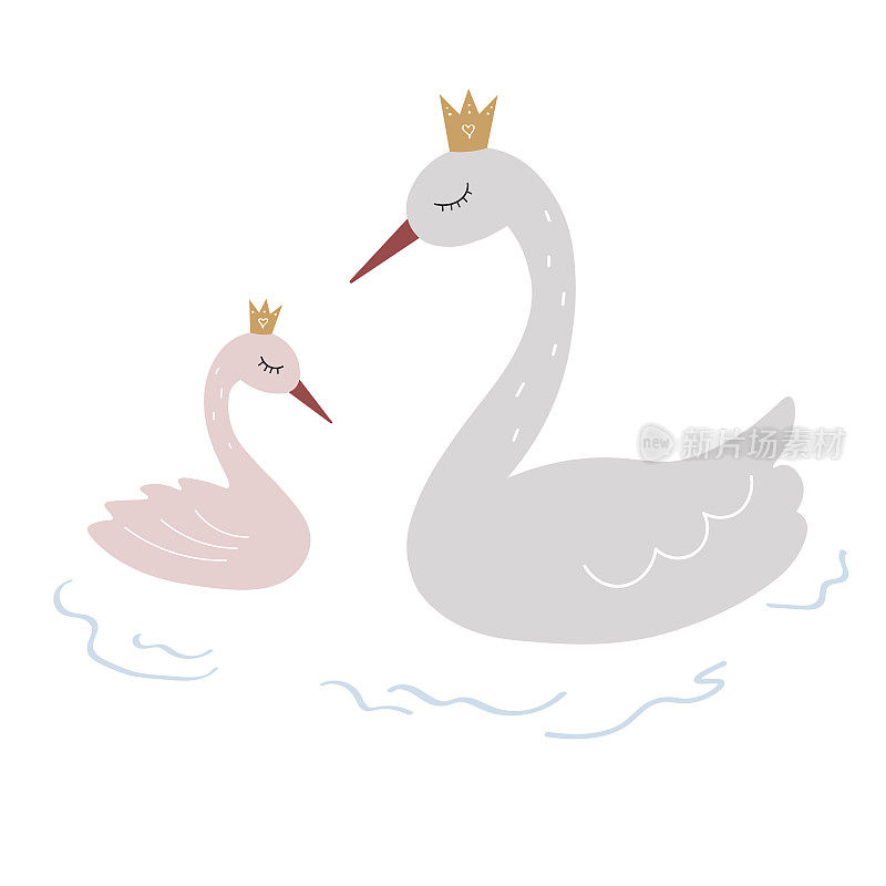 天鹅湖。天鹅妈妈和天鹅宝宝的插图。迎婴礼问候，新生儿生日快乐。用于海报、明信片、设计元素。平面卡通插图孤立的背景。向量