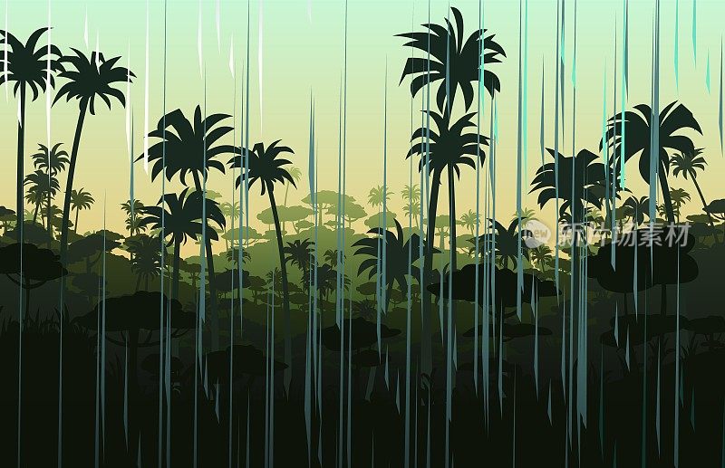 热带雨林热带丛林棕榈树夏雨。有雨天气的景观。水柱从天空倾泻而下。卡通趣味风格。平面设计。向量。