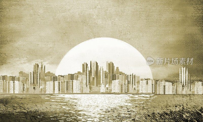 水平背景与一个太阳圆盘在城市，在海滨