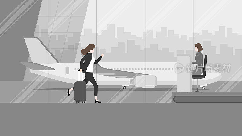商务旅行中，一名女商人跑到国际机场航站楼的地面服务人员柜台办理登机手续。高峰时间，紧急时间，繁忙的工作，新近到达的乘客，城市生活理念。