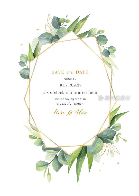 水彩矢量手绘婚礼请柬模板。用桉树绿色植物设计。明信片插图，日期保存，贺卡设计，欢迎卡片，花卉邀请。