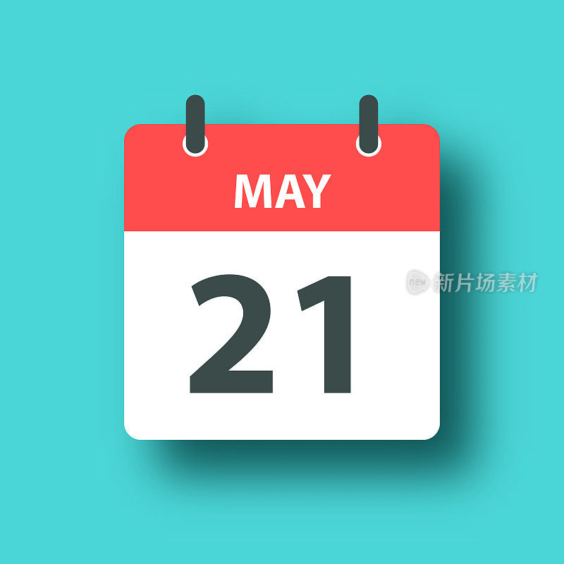 5月21日-每日日历图标在蓝色绿色背景与阴影