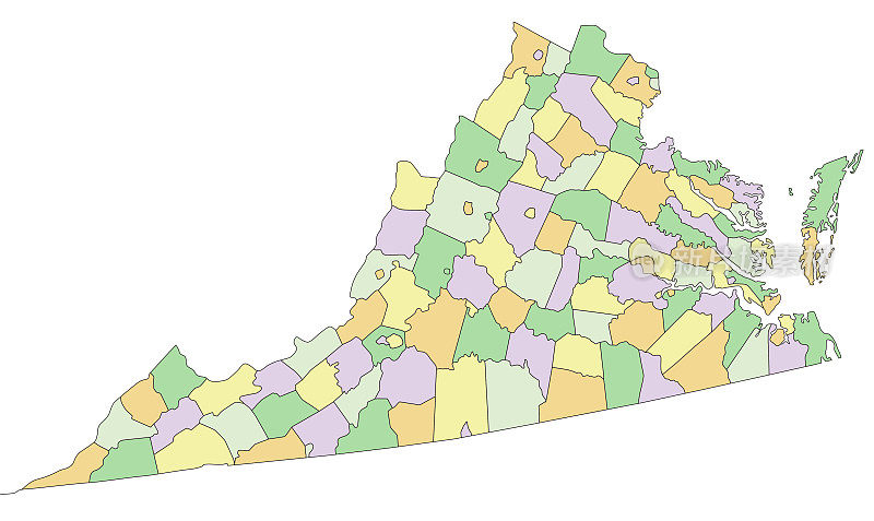 弗吉尼亚州-高度详细的可编辑的政治地图。