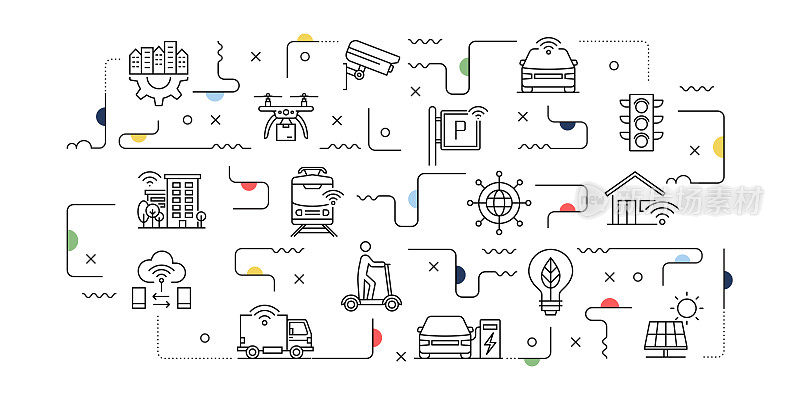 智慧城市相关矢量横幅设计概念，现代线条风格与图标