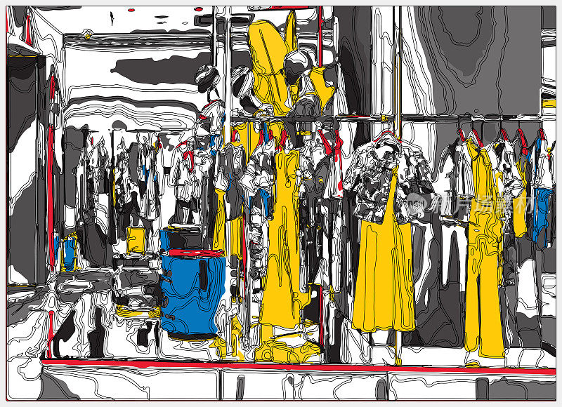 勾勒风格霓虹色彩的立体卡通室内场景,服装卖场的室内空间