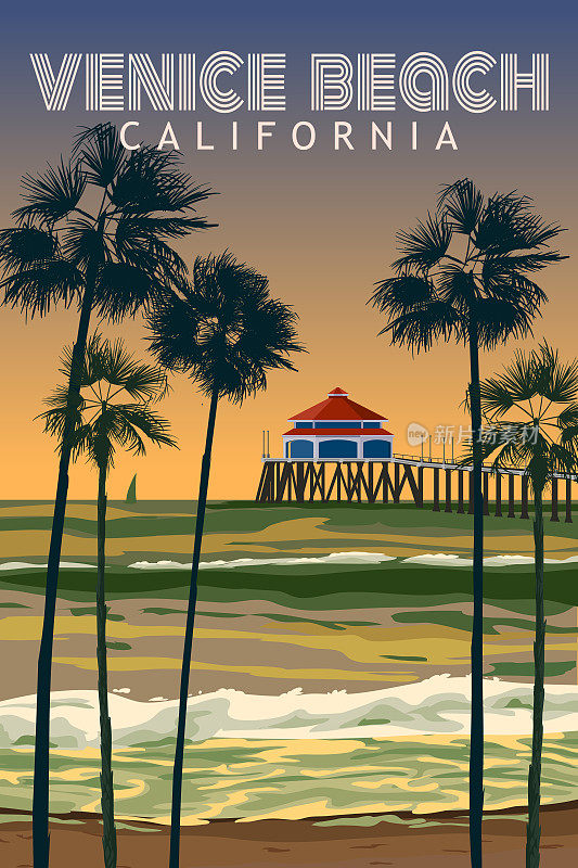 复古加州威尼斯海滩旅行海报矢量
