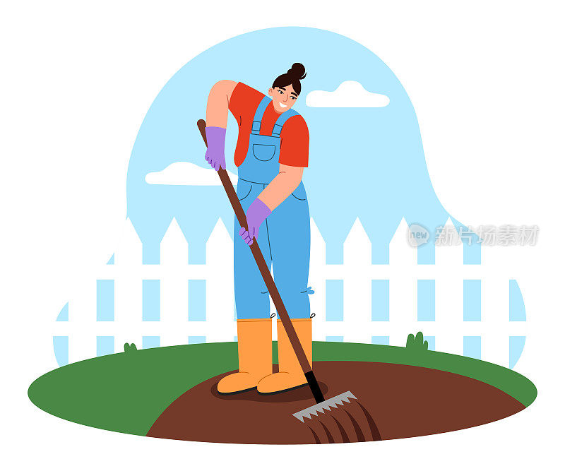 在菜园工作的女园丁。年轻女子在耙草。园林养护理念。平面矢量插图。