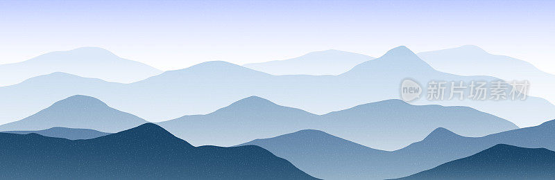 抽象的山地景观。自然全景背景，蓝色的风景和烟雾地平线壁纸。矢量图