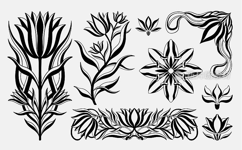 花卉郁金香设置在1920-1930年的新艺术。用线条、树叶和花朵编织的线性风格手绘。