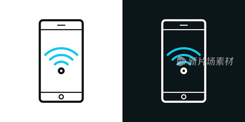 带wifi的智能手机。黑色或白色背景上的双色线条图标-可编辑笔触