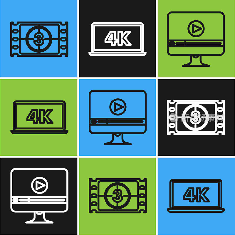 设置线播放视频，在线播放视频和笔记本电脑屏幕与4k视频技术图标。向量