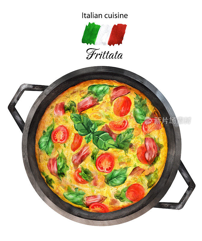 铁锅里的意大利煎蛋饼。水彩插图