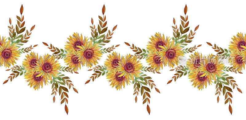无缝边缘与水彩花束花向日葵和树枝与树叶在白色的背景。画框或织物的手绘边框。秋天的婚礼庆典。包装或墙纸