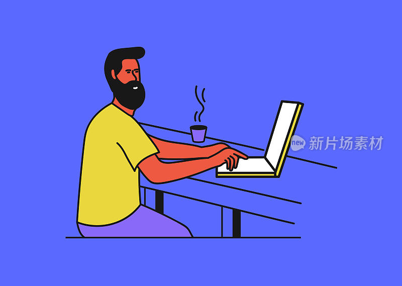 蓝色背景。用笔记本电脑工作的男性形象。自由工作空间五颜六色的视图。