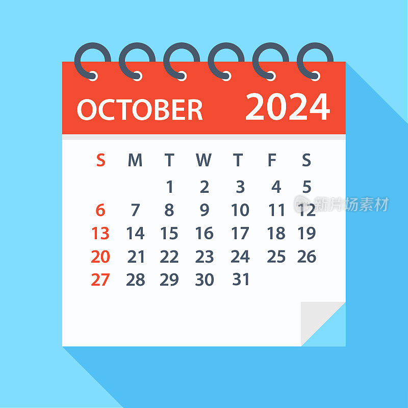 2024年10月-日历。一周从周日开始
