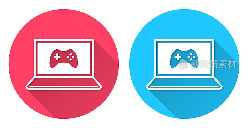 在笔记本电脑上玩电子游戏。圆形图标与长阴影在红色或蓝色的背景