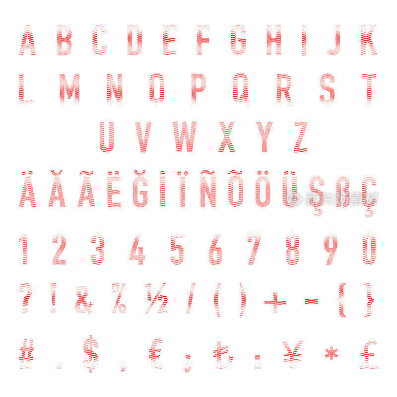 点半色调字体设计，字母，数字，货币标志和标点符号。字体。
