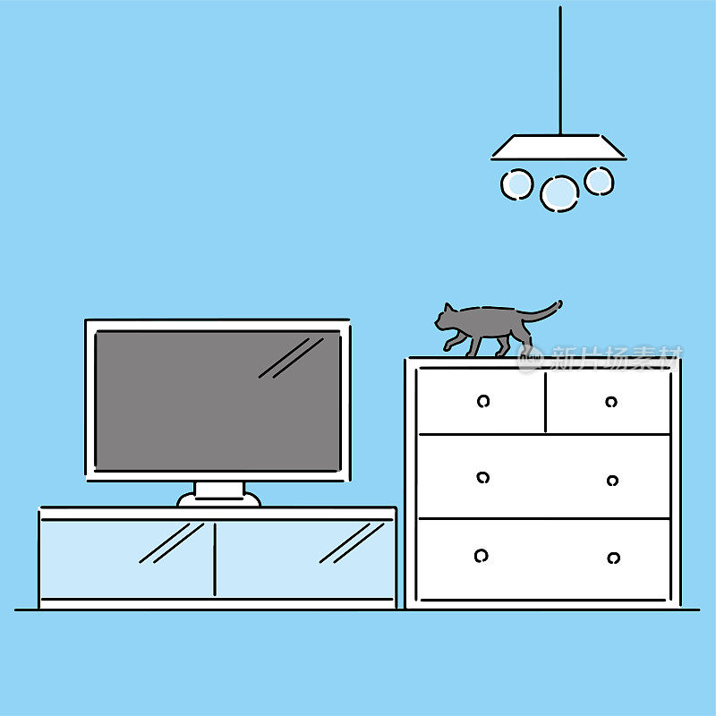 线条插图，描绘了一只猫和室内的室内景观