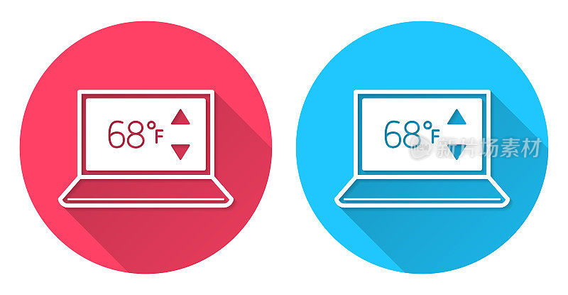 带加热控制的笔记本电脑。圆形图标与长阴影在红色或蓝色的背景