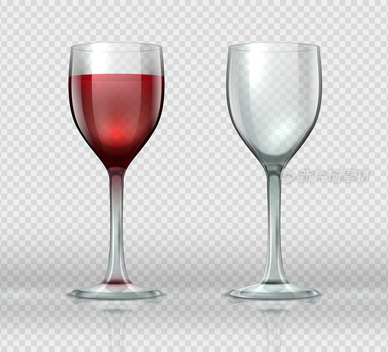 现实的酒杯。透明隔离红酒酒杯，3D空酒杯鸡尾酒杯。矢量酒庄酒杯模板