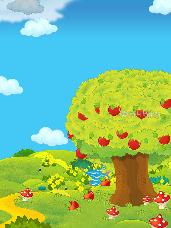 卡通场景与农田的一天和苹果树