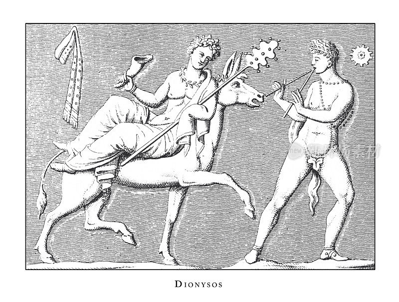狄俄尼索斯，神和神话人物雕刻古董插图，出版于1851年