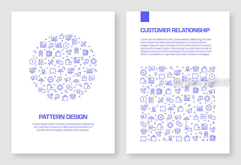 一套客户关系图标矢量图案设计的小册子，年度报告，书封面。