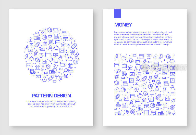 一套金钱相关的图标矢量图案设计的小册子，年度报告，书封面。