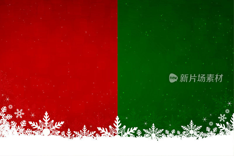 白色的雪花和雪花底部的红色和绿色条纹水平圣诞背景矢量插图
