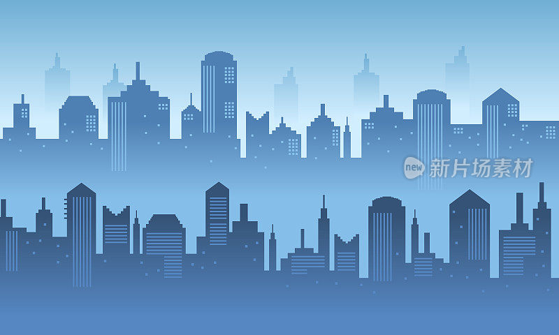 城市摩天大楼在早晨以蓝色为主题。