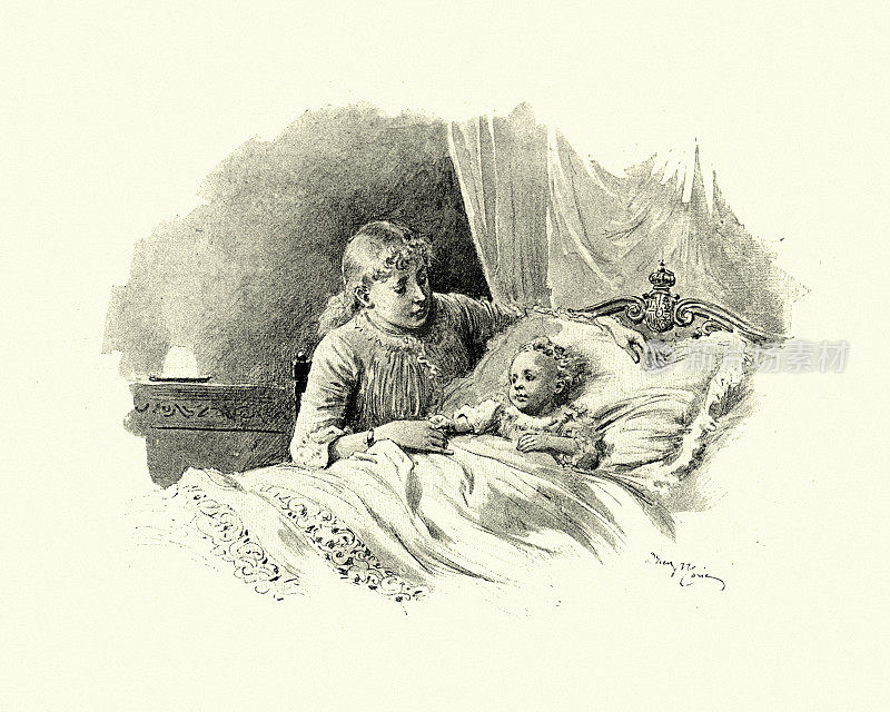 19世纪，年轻的母亲哄孩子睡觉