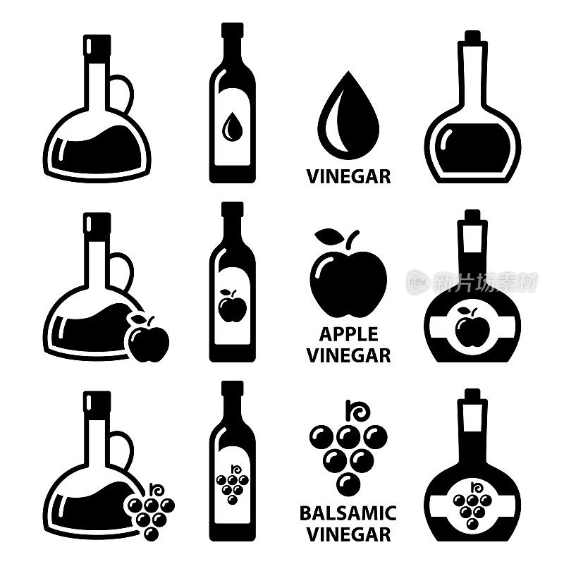 醋向量图标集-苹果醋和香醋设计在瓶子