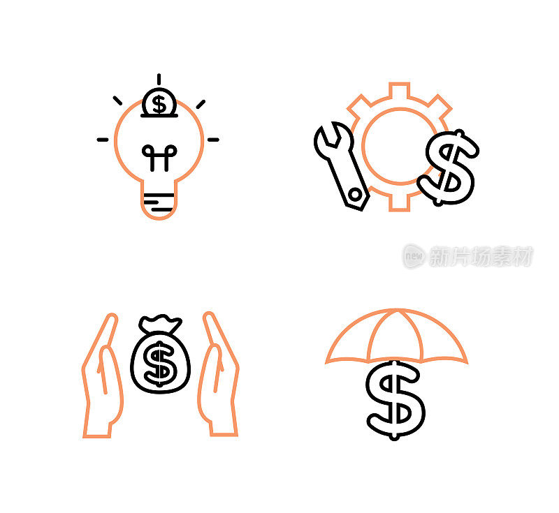金融服务图标集。图标保险、风险投资、资产管理。图标灯泡与一个硬币，齿轮与一个机械钥匙和一个美元符号，伞和美元的把手