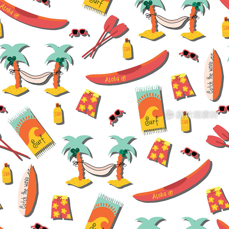海滩天无缝矢量模式。棕榈树吊床，冲浪板，独木舟，短裤，沙滩毛巾，太阳镜，防晒霜重复的背景。3D贴纸风格的夏威夷海滩日设计。