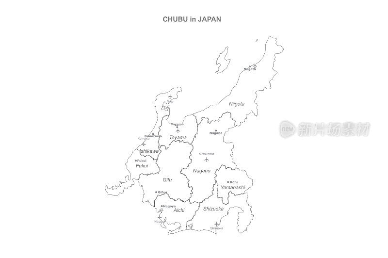 中部地图。日本区域矢量地图。