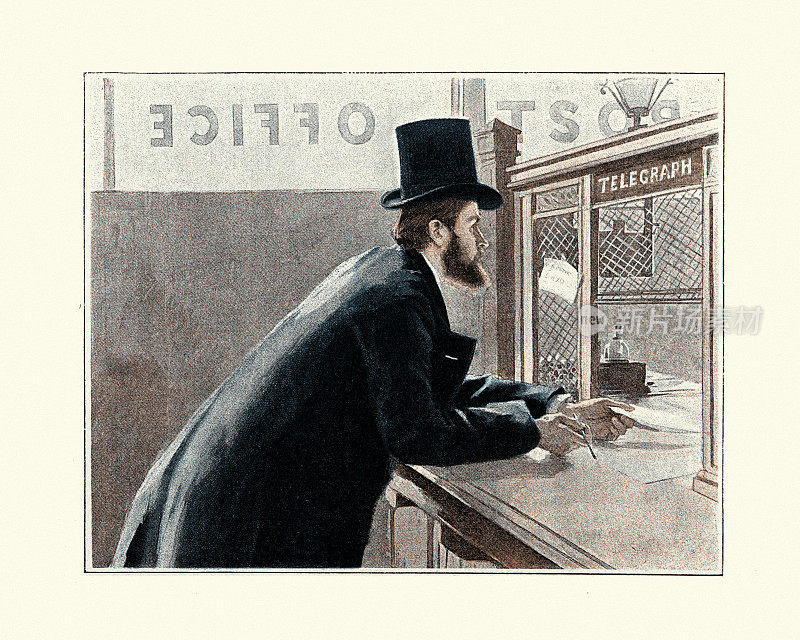 人们从邮局发送电报，维多利亚，1890年代，19世纪