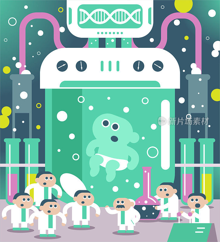 科学家(工程师，医生，生物化学家)团队在实验室里创造了一个设计婴儿。基因工程，基因改造，转基因和基因操作的概念